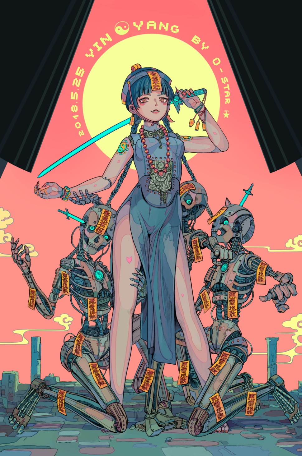 1girl, 3others, android, aoiakamaou, aqua_dress, aqua_hair, aqua_headwear, arm_tattoo