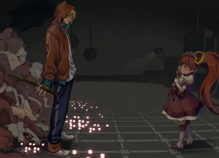 #compass, 1boy, 1girl, blonde_hair, closed_mouth, dress, elbow_gloves, gloves, hair_ornament, heart, heart_hair_ornament, highres, hood, long_hair, marcos'55, pink_hair, ririka_(#compass), short_sleeves, shousan_(hno3syo), smile, twintails, very_long_hair, wand, white_gloves, yellow_eyes
