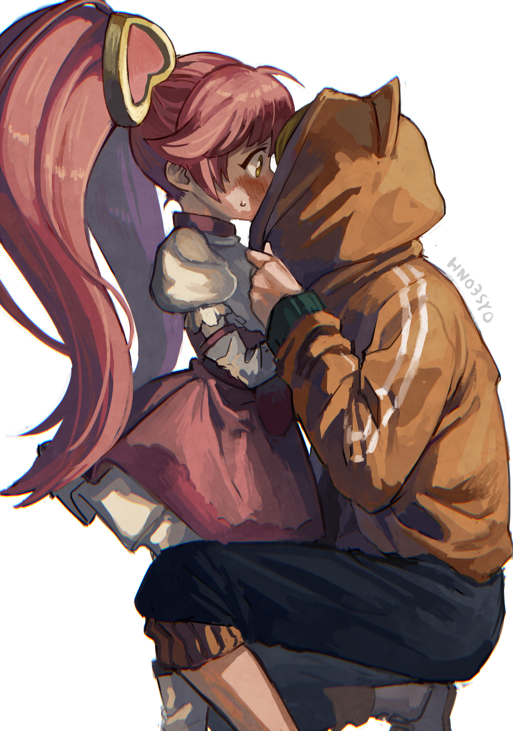 #compass, 1boy, 1girl, blonde_hair, blush, dress, elbow_gloves, gloves, hair_ornament, heart, heart_hair_ornament, highres, hood, long_hair, marcos'55, pink_hair, ririka_(#compass), short_sleeves, shousan_(hno3syo), simple_background, twintails, very_long_hair, wand, white_background, white_gloves, yellow_eyes