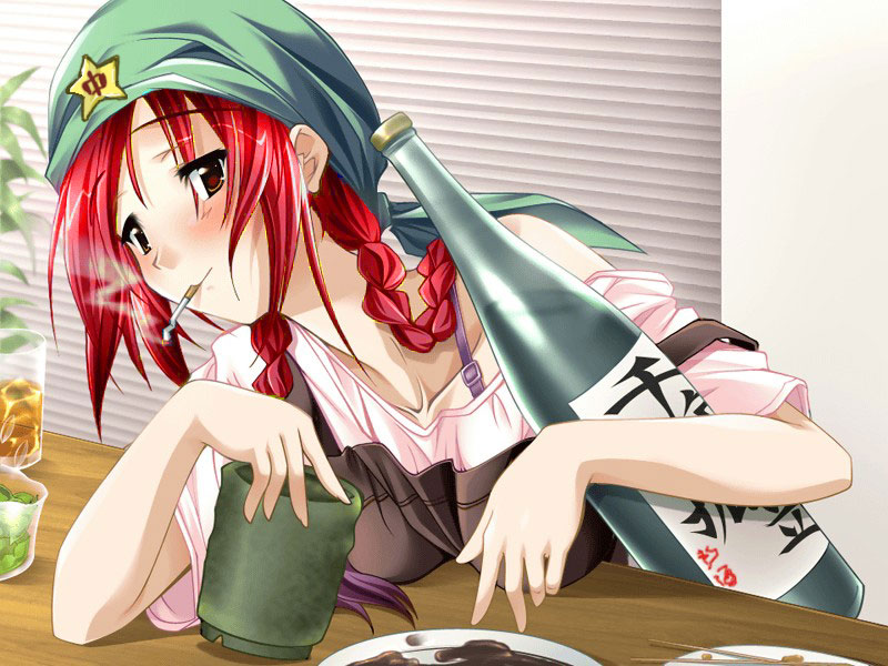azuma_yukie, bottle, china, chopsticks, cigarette, drunk, fujiwara_warawara, game_cg, hat, hong_meiling, natsu_shoujo, photoshop, plate, red_hair, redhead, sake, sitting, smoking, solo, star, table, touhou