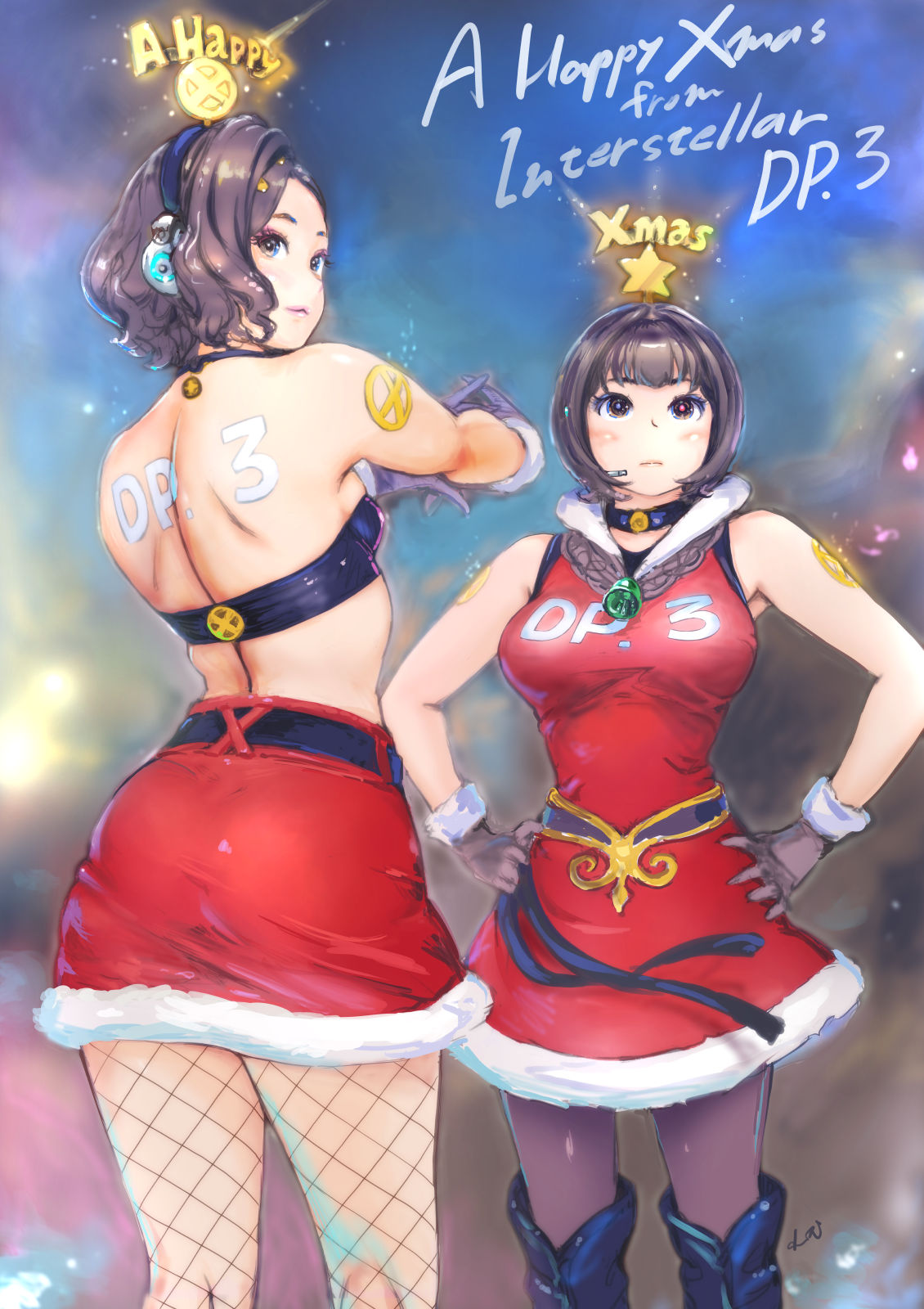 2girls, alternate_costume, ass, bare_shoulders, bikini, bikini_top, bob_cut, body_writing