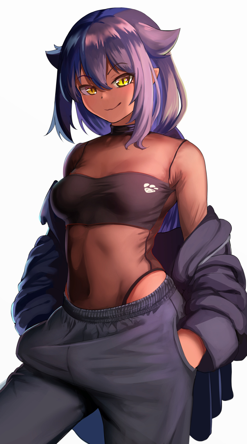 1girl, absurdres, alternate_costume, b-pang, black_hair, breasts, closed_mouth, dark_skin, eyebrows_visible_through_hair, highres, jahy, jahy_sama_wa_kujikenai, large_breasts, long_hair, looking_at_viewer, pants, smile, solo, sweatpants, yellow_eyes