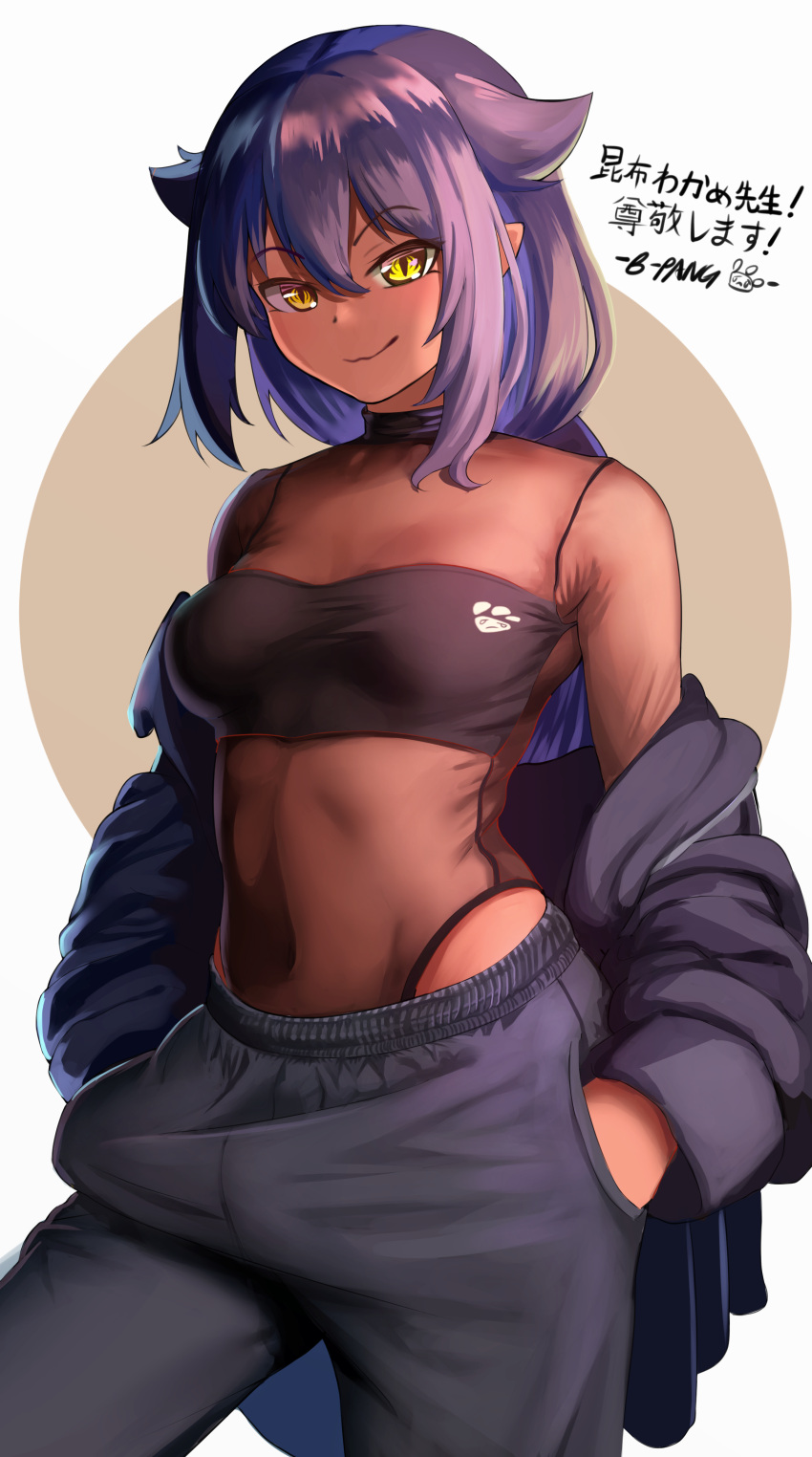 1girl, absurdres, alternate_costume, b-pang, black_hair, breasts, closed_mouth, dark_skin