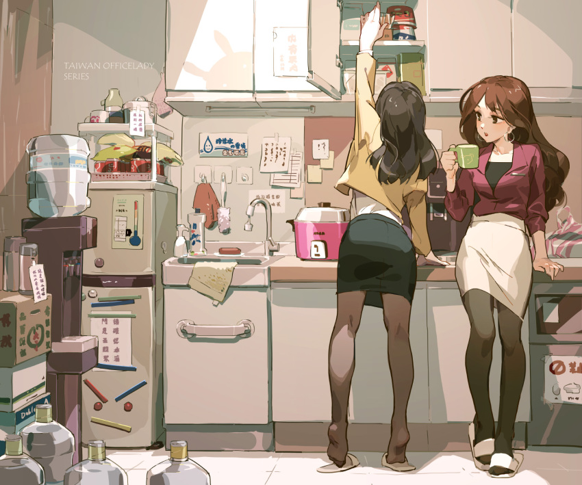 2girls, arm_support, arm_up, bottle, box, brown_eyes, brown_hair, brown_legwear