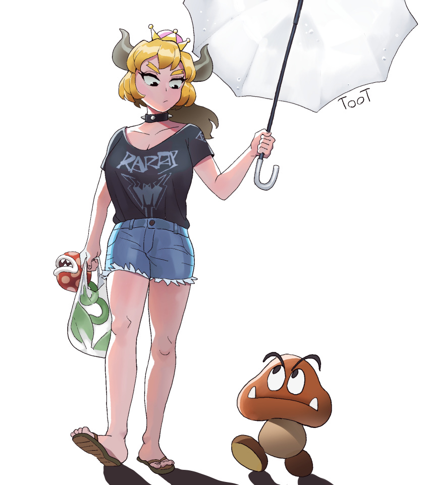 1girl, 1other, alternate_costume, bag, black_collar, black_shirt, blonde_hair, blue_shorts