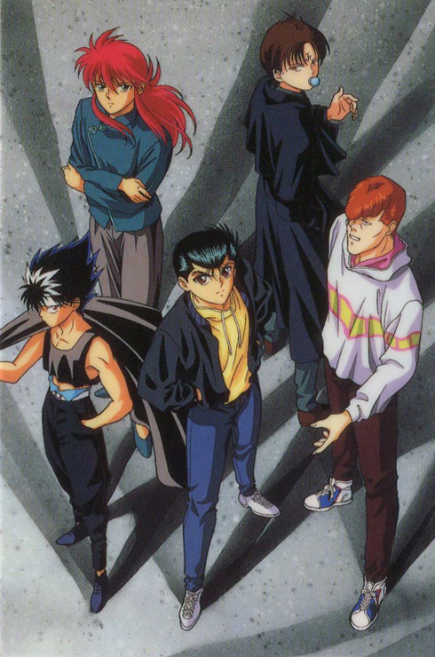 1990s_(style), 5boys, black_footwear, black_hair, brown_footwear, brown_hair, casual, crossed_arms, denim, facial_mark, forehead_mark, from_above, grin, hand_in_pocket, hands_in_pockets, headband, hiei_(yuu_yuu_hakusho), hood, hood_down, hoodie, jeans, koenma, kurama, kuwabara_kazuma, long_hair, long_sleeves, looking_at_viewer, multiple_boys, official_art, pacifier, pants, redhead, scan, shoes, smile, sneakers, standing, urameshi_yuusuke, white_footwear, yuu_yuu_hakusho