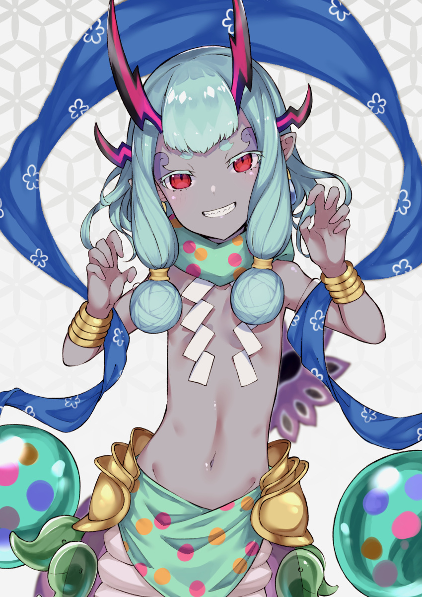 bracelet, brothercoral, fate/grand_order, fate_(series), highres, ibuki_douji_(fate), jewelry, magatama, navel, red_eyes, smile, solo