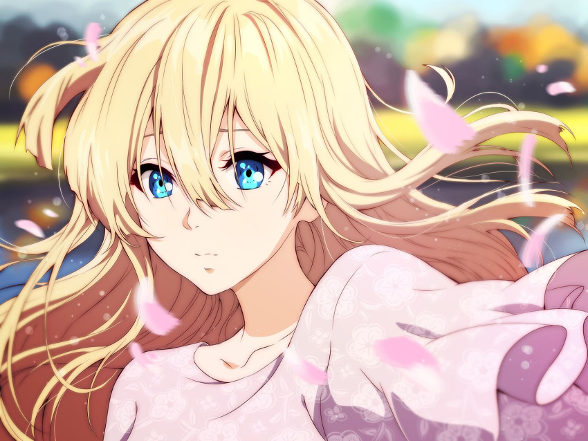 1girl, bangs, blonde_hair, blue_eyes, blurry, blurry_background, closed_mouth, collarbone, commentary, derivative_work, english_commentary, hair_between_eyes, highres, joanna_ladowska, long_hair, looking_at_viewer, outdoors, petals, solo, upper_body, violet_evergarden, violet_evergarden_(character), wind