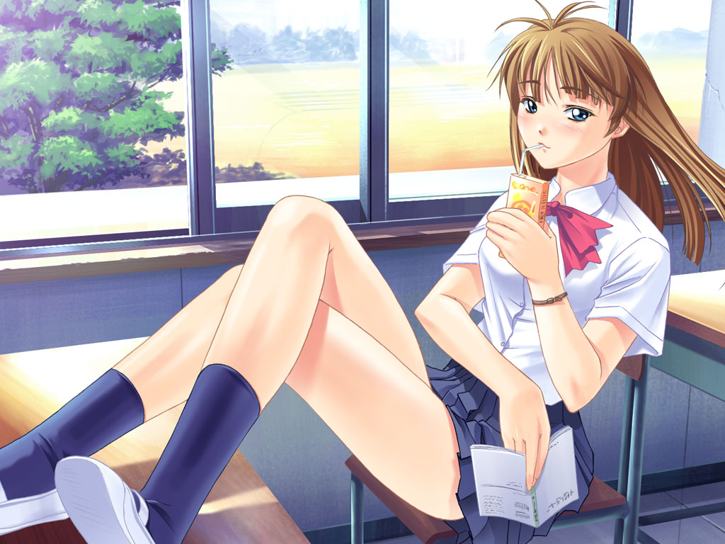 blue_eyes, book, brown_hair, classroom, crossed_legs, desk, jiyuuyuu, juice_box