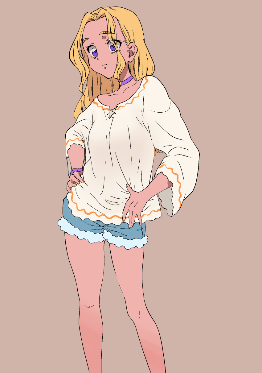 1girl, absurdres, amamiya_erena, bare_legs, blonde_hair, blouse, brown_background, choker