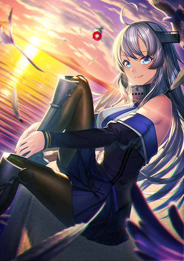1girl, 1other, abyssal_ship, ahoge, animal, bare_shoulders, bird, black_legwear