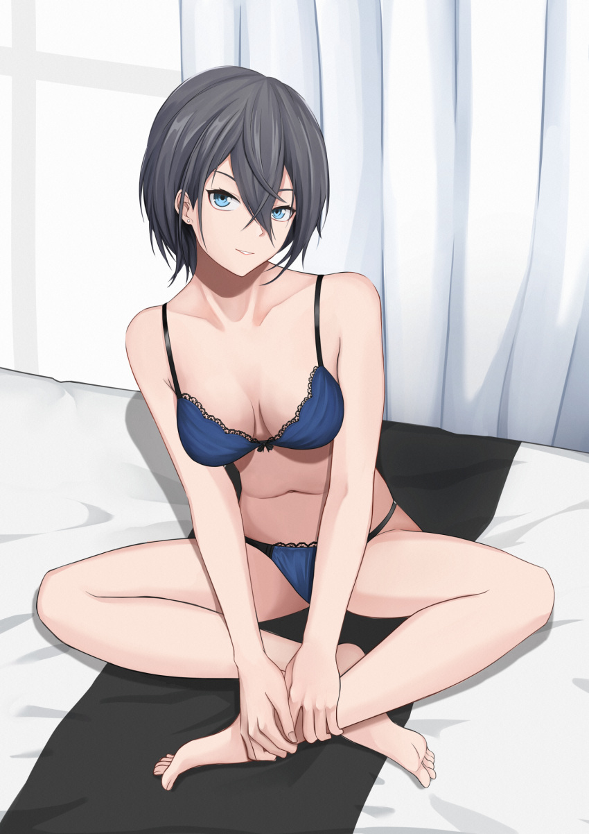 1girl, bare_legs, barefoot, black_hair, blue_bra, blue_eyes, blue_panties, bra, bra_strap, breasts, closed_mouth, collarbone, ear_piercing, eyebrows_visible_through_hair, girls_frontline, hakugin006, highres, lingerie, looking_at_viewer, medium_breasts, medium_hair, p22_(girls_frontline), panties, piercing, simple_background, sitting, soles, solo, underwear