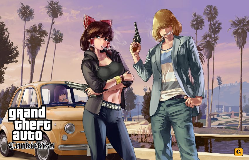 3girls, alice_margatroid, alternate_costume, bangs, belt, black_bra, black_eyes, black_pants