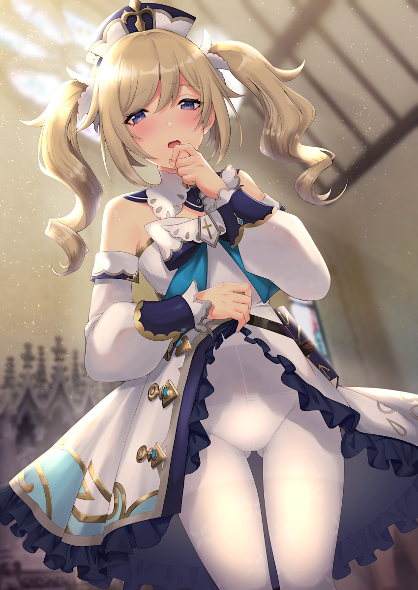1girl, bangs, barbara_(genshin_impact), bare_shoulders, blonde_hair, blue_eyes, blush, breasts