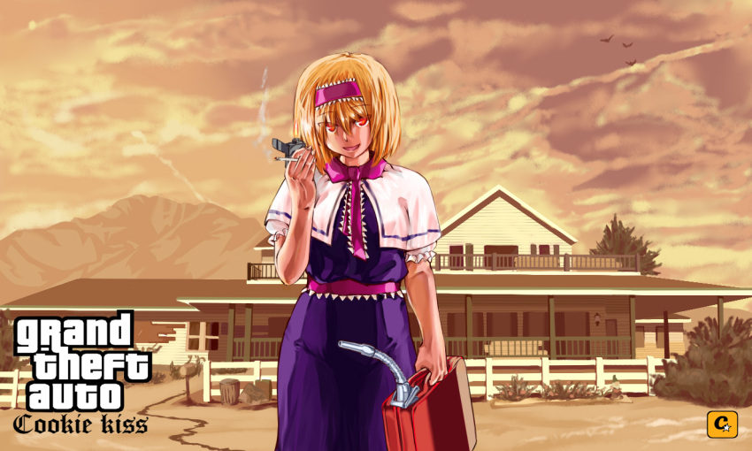 1girl, alice_margatroid, arson, bangs, bird, blonde_hair, blue_dress, bush