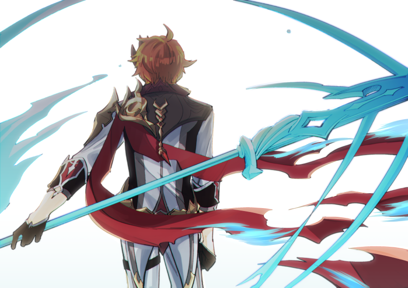 1boy, black_gloves, from_behind, genshin_impact, gloves, holding, holding_weapon, jacket