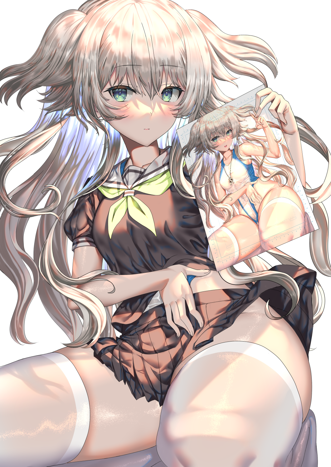 dokyuu_hentai_hxeros, fujisaki_eru, highleg, highres, miniskirt, pantyhose, school_uniform, serafuku, skirt, swimsuit, swimsuit_under_clothes, tenkuuji_sora, thighs, white_legwear