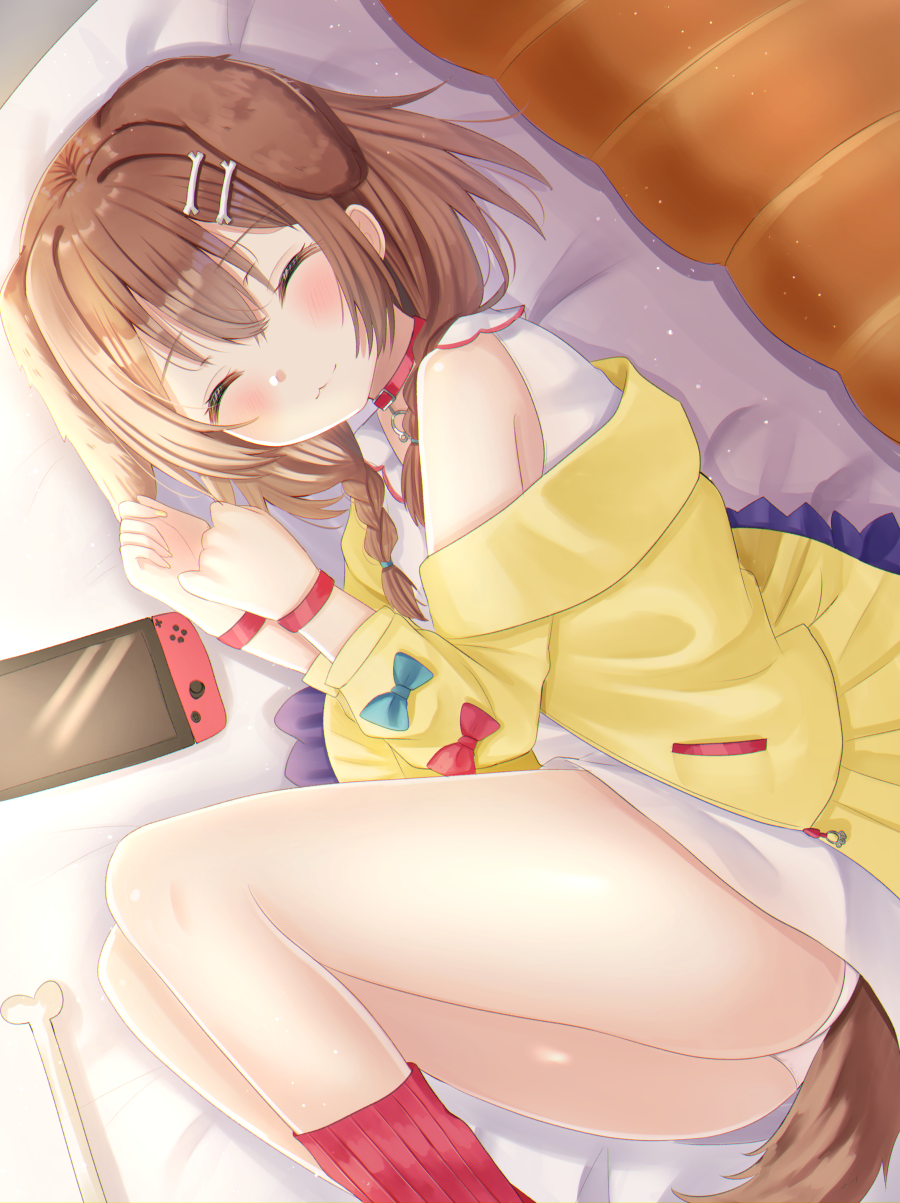 1girl, :3, animal_ears, blush, bone, bone_hair_ornament, brown_hair, calf_socks