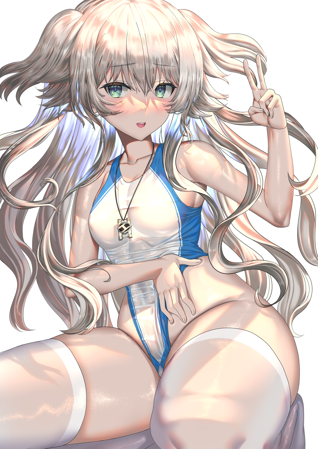 1girl, blue_eyes, blush, breasts, dokyuu_hentai_hxeros, fujisaki_eru, highres, jewelry, long_hair, necklace, pantyhose, silver_hair, sleeveless, solo, tenkuuji_sora, thighs, twintails, v, white_legwear