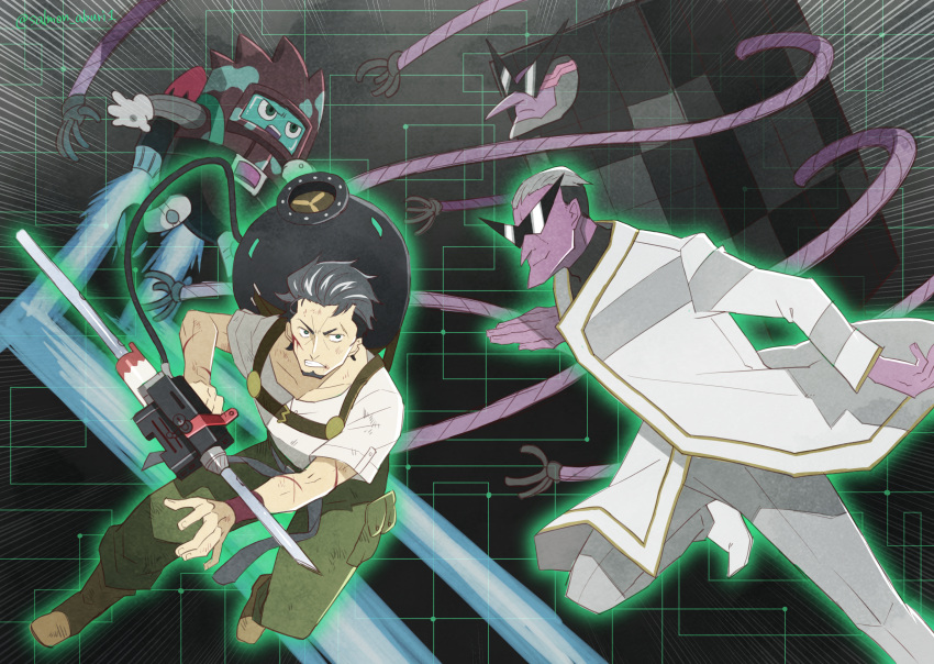 2boys, alternate_form, android, black_hair, bleeding, blood, blood_on_face, blue_eyes