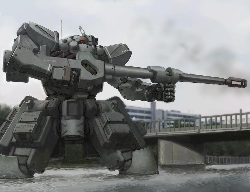 building, cloud, clouds, gun, itou_(onsoku_tassha), mecha, railing, rails