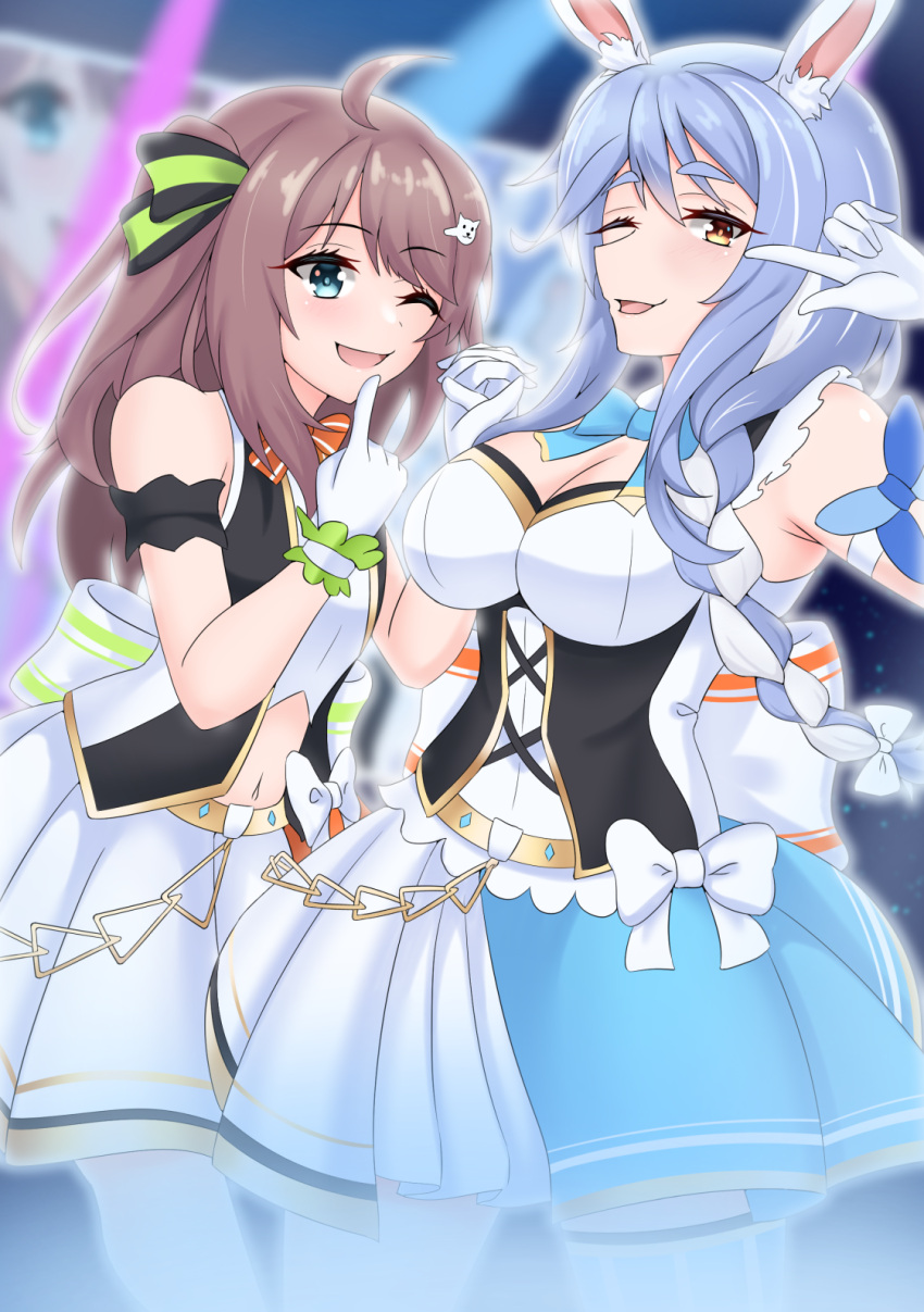 2girls, ahoge, animal_ear_fluff, animal_ears, bangs, blue_eyes, blue_hair, brown_hair