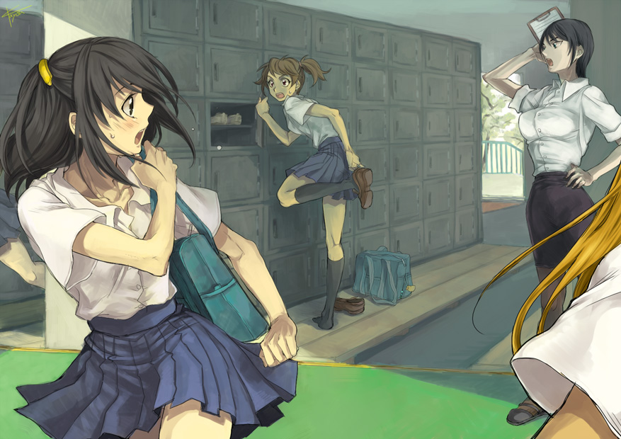 bag, black_legwear, clipboard, dressing, hair_ornament, hairclip, kayou_(artist), kayou_(pixiv62835), lockers, original, pantyhose, running, school_uniform, shoes, shoulder_bag, teacher, twintails