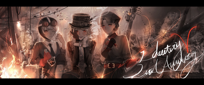 absurdres, af_(user_hcyy5587), anniversary, aviator_cap, bangs, belt, black_headwear, black_neckwear