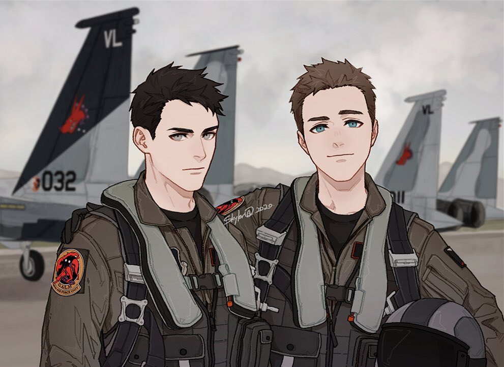 2boys, ace_combat, ace_combat_zero, aircraft, airplane, arm_around_shoulder, black_hair, blonde_hair