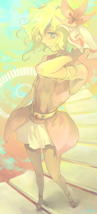 green_hair, kayou_(artist), kayou_(pixiv62835), legs, nia_teppelin, skirt, stairs, tengen_toppa_gurren_lagann