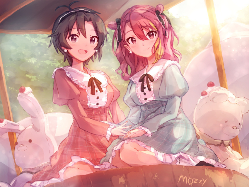 2girls, :d, antenna_hair, artist_name, bangs, black_hair, black_neckwear, black_ribbon, blonde_hair, blush, brown_eyes, closed_mouth, dress, dusk, earrings, frills, full_body, gazebo, green_dress, hair_between_eyes, hair_ribbon, hairband, hand_on_another's_hand, hand_on_own_leg, highres, idolmaster, idolmaster_(classic), idolmaster_million_live!, jewelry, juliet_sleeves, kikuchi_makoto, light_blush, long_sleeves, looking_at_viewer, maihama_ayumu, medium_hair, mozzy0v0y, multicolored_hair, multiple_girls, nail_polish, neck_ribbon, open_mouth, outdoors, pink_dress, pink_eyes, pink_hair, plaid, plaid_dress, puffy_sleeves, raised_eyebrows, ribbon, short_hair, signature, sitting, smile, streaked_hair, stuffed_animal, stuffed_bunny, stuffed_toy, teddy_bear, tree, wariza