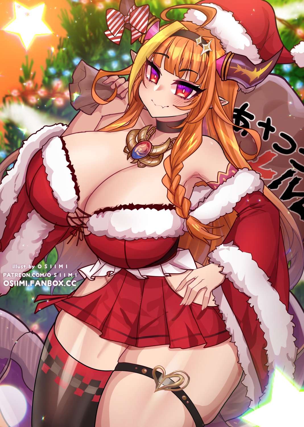 1girl, ahoge, alternate_costume, blush, bow, breasts, christmas, christmas_tree