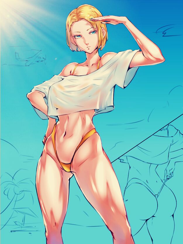 1girl, android_18, ass, bikini, blonde_hair, blue_eyes, blue_sky, breasts