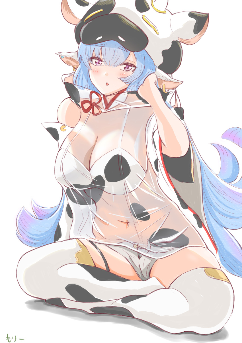 1girl, absurdres, animal_ears, animal_print, bangs, bare_shoulders, bikini, blue_hair, blush, breasts, cow_ears, cow_girl, cow_hat, cow_horns, cow_print, detached_sleeves, draph, ear_piercing, granblue_fantasy, hat, highleg, highleg_bikini, highres, horns, huge_filesize, indian_style, jitome, large_breasts, long_hair, looking_at_viewer, micro_shorts, navel, open_mouth, piercing, pointy_ears, shatola_(granblue_fantasy), sheer_clothes, short_shorts, shorts, sitting, swimsuit, thigh-highs, thighs, very_long_hair, violet_eyes, white_bikini, white_shorts, wide_sleeves, yutayara