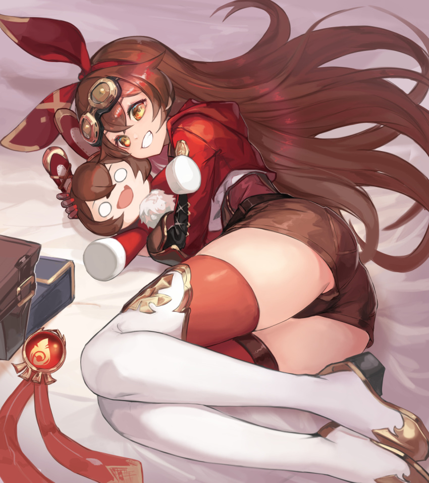 1girl, akira0171, amber_(genshin_impact), bangs, baron_bunny, bed_sheet, belt, boots