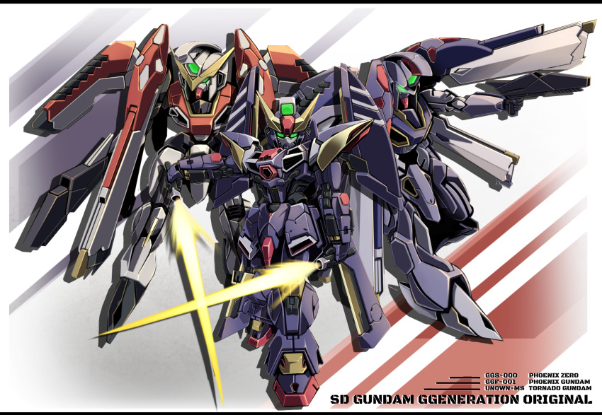 beam_saber, character_name, chibi, energy_gun, green_eyes, gun, gundam, highres