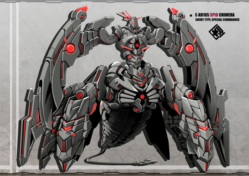 character_name, extra_eyes, extra_legs, glowing, glowing_eyes, highres, mecha, no_humans