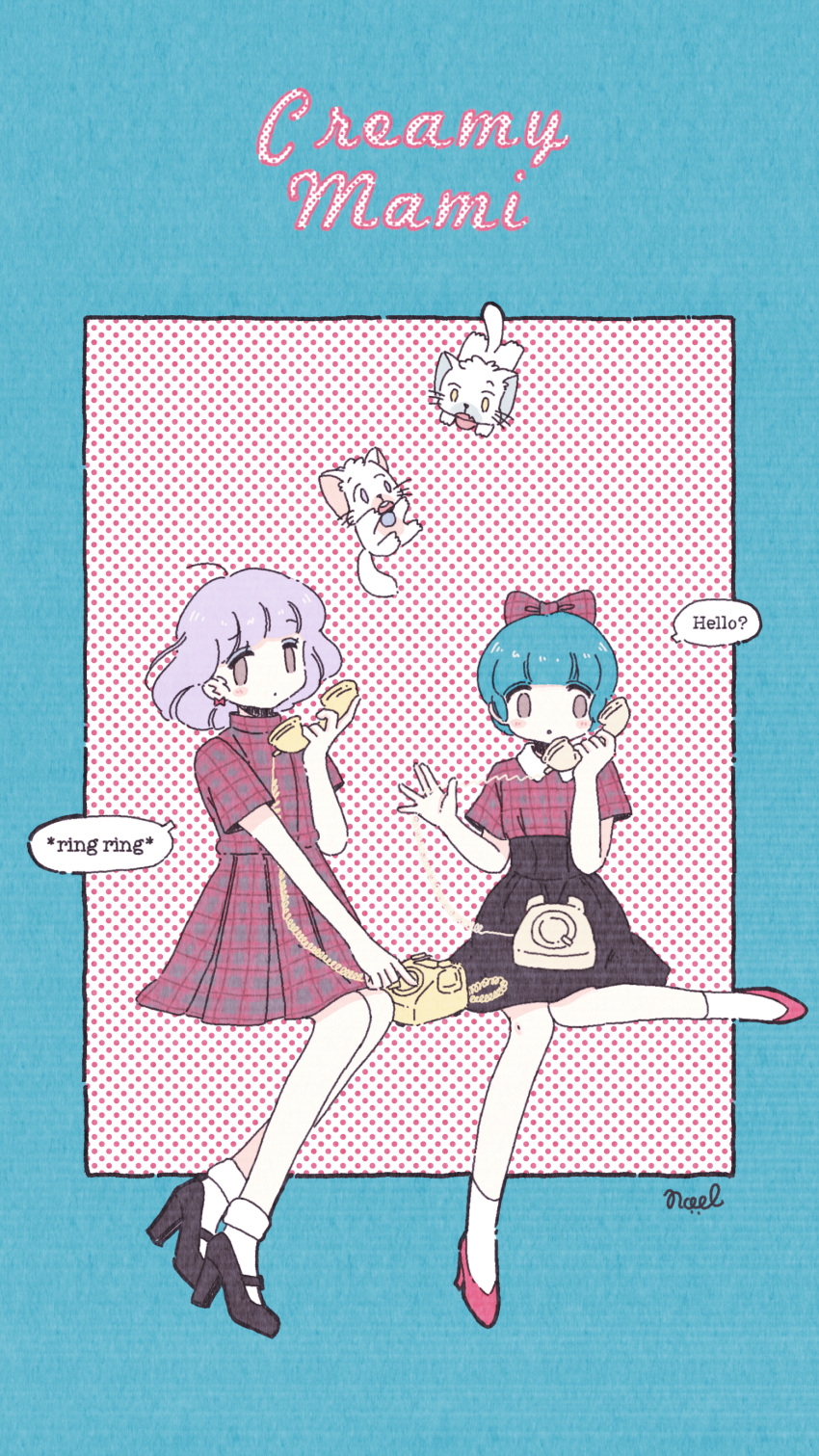 2girls, absurdres, aqua_hair, bangs, black_footwear, black_skirt, blush, bow