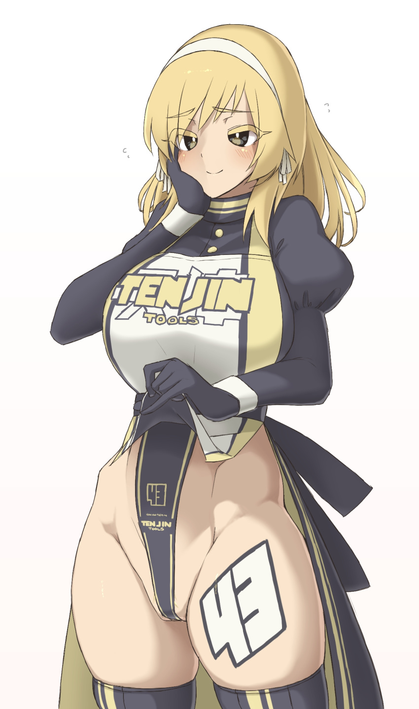 1girl, bangs, blonde_hair, blush, breasts, clothes_lift, eyebrows_visible_through_hair, hairband