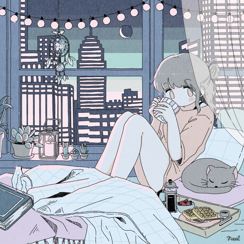 1girl, absurdres, album_cover, bed, blanket, book, building, cactus, candle, cat, closed_eyes, cover, crescent_moon, cup, curtains, dream_catcher, drink, drinking, eyebrows_visible_through_hair, food, fork, fruit, glowing, grey_cat, highres, huge_filesize, indoors, knees_up, lamp, leaf, moon, night, no_mouth, no_nose, noeru_(noellemonade), original, pillow, pink_eyes, pink_shirt, plant, shirt, short_sleeves, sitting, sleeping, strawberry, syrup, waffle, window