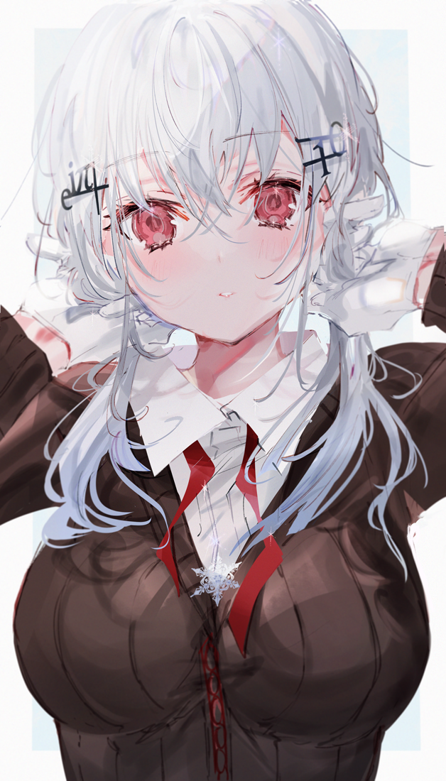 1girl, bangs, blush, breasts, cardigan, collared_shirt, eyebrows_visible_through_hair, gloves
