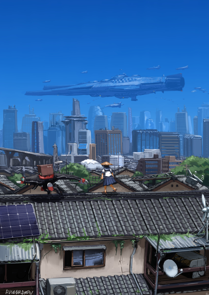 1girl, absurdres, blue_skirt, bridge, flying, from_behind, hat, highres, hozumi_(ouchan), original, robot, rooftop, sandals, scenery, school_uniform, science_fiction, serafuku, skirt, skyline, space_craft, walking