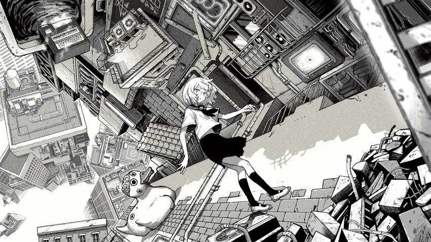 1girl, absurdres, bird, brain, character_request, city, duck, extra_eyes