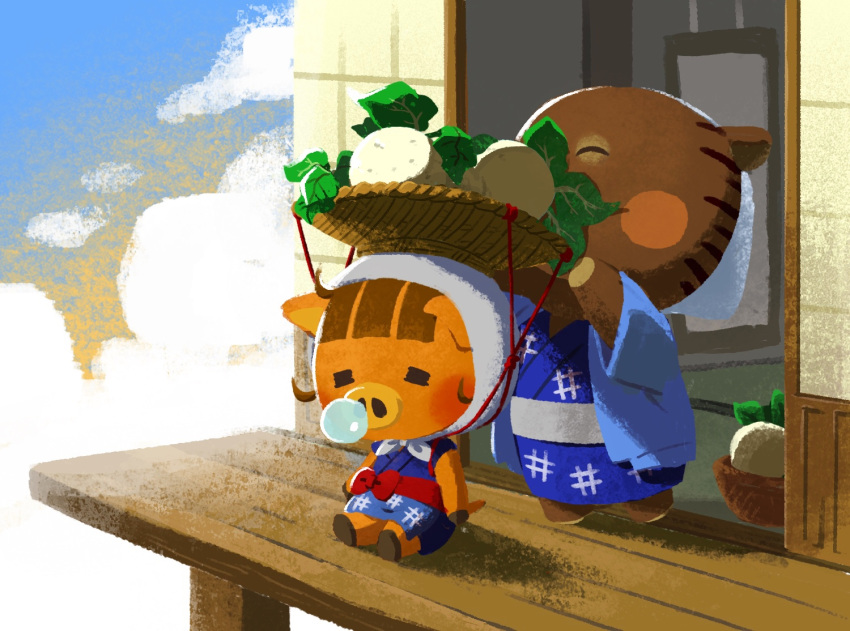 2girls, ^_^, adjusting_clothes, adjusting_headwear, animal_crossing, animal_ears, basket, blue_kimono