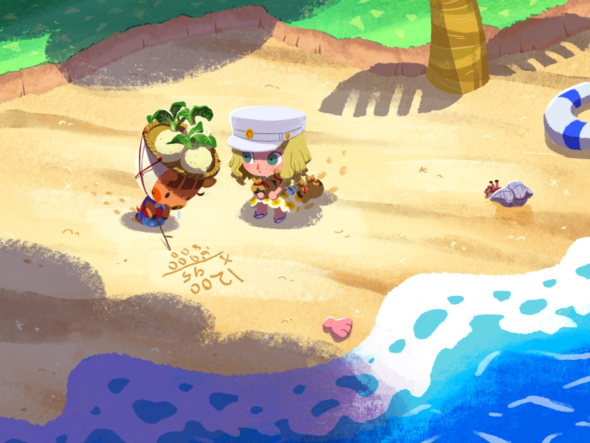 2girls, animal, animal_crossing, animal_ears, bag, basket, beach, black_eyes