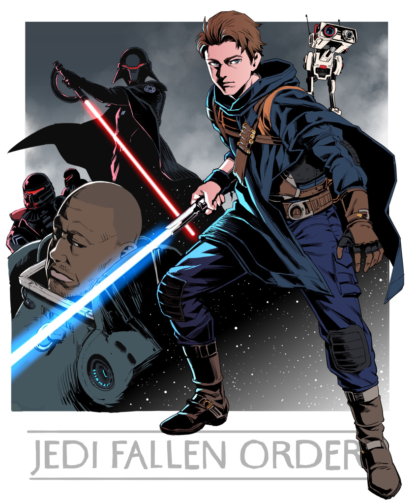 1girl, 4boys, absurdres, bald, black_gloves, brown_hair, cal_kestis, copyright_name, dark_skin, dark_skinned_male, energy_sword, gloves, gun, hair_behind_ear, highres, holding, holding_gun, holding_sword, holding_weapon, jedi, jedi:_fallen_order, lightsaber, looking_to_the_side, looking_up, multiple_boys, purge_trooper, radio_antenna, robot, saw_gerrera, science_fiction, second_sister_(star_wars), single_glove, sith, star_wars, sword, ume_(yume_uta_da), weapon