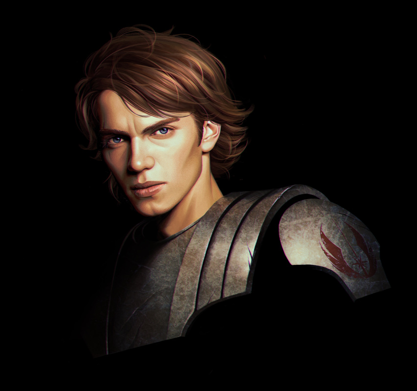 1boy, 5health, anakin_skywalker, armor, black_background, blue_eyes, brown_hair, highres