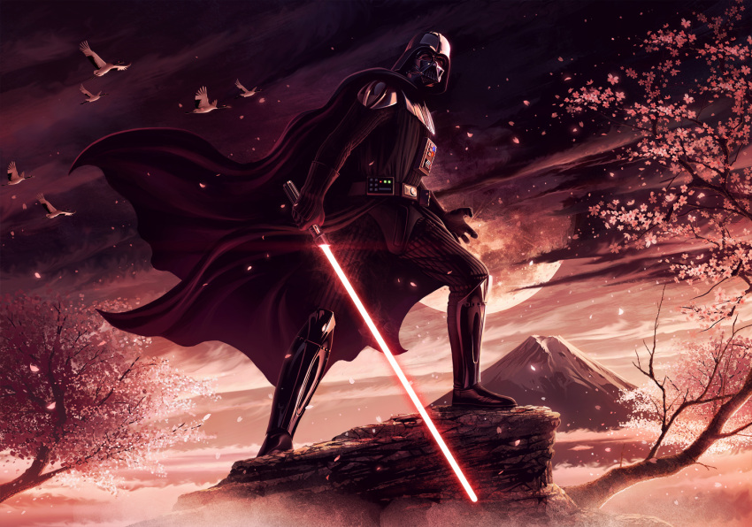 1boy, 5health, bird, cape, cherry_blossoms, darth_vader, energy_sword, floating_cape