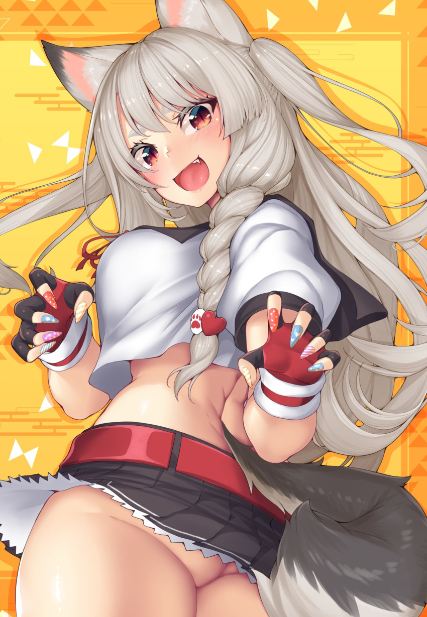 1girl, animal_ears, ass, azur_lane, black_sailor_collar, black_skirt, blush, braid, breasts, claw_pose, commentary_request, crop_top, cuffs, fang, fingerless_gloves, floating_hair, from_behind, gloves, highres, large_breasts, long_hair, looking_at_viewer, looking_back, miniskirt, nail_polish, open_mouth, pleated_skirt, puffy_short_sleeves, puffy_sleeves, red_eyes, richou_ask, sailor_collar, school_uniform, serafuku, short_sleeves, side_ponytail, silver_hair, skirt, slit_pupils, smile, solo, standing, tail, thick_eyebrows, thighs, very_long_hair, wolf_ears, wolf_tail, yuudachi_(azur_lane)