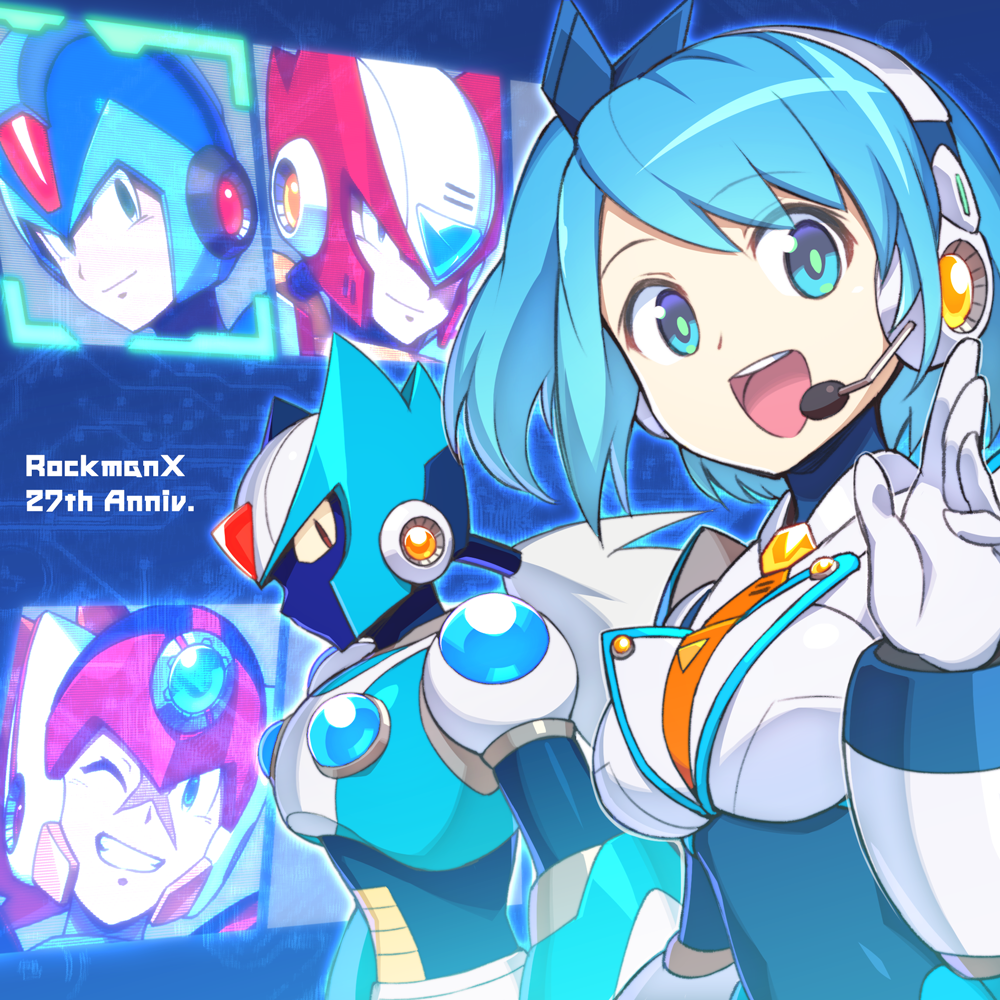 1girl, 4boys, android, anniversary, axl, axl_(mega_man), bangs, blonde_hair